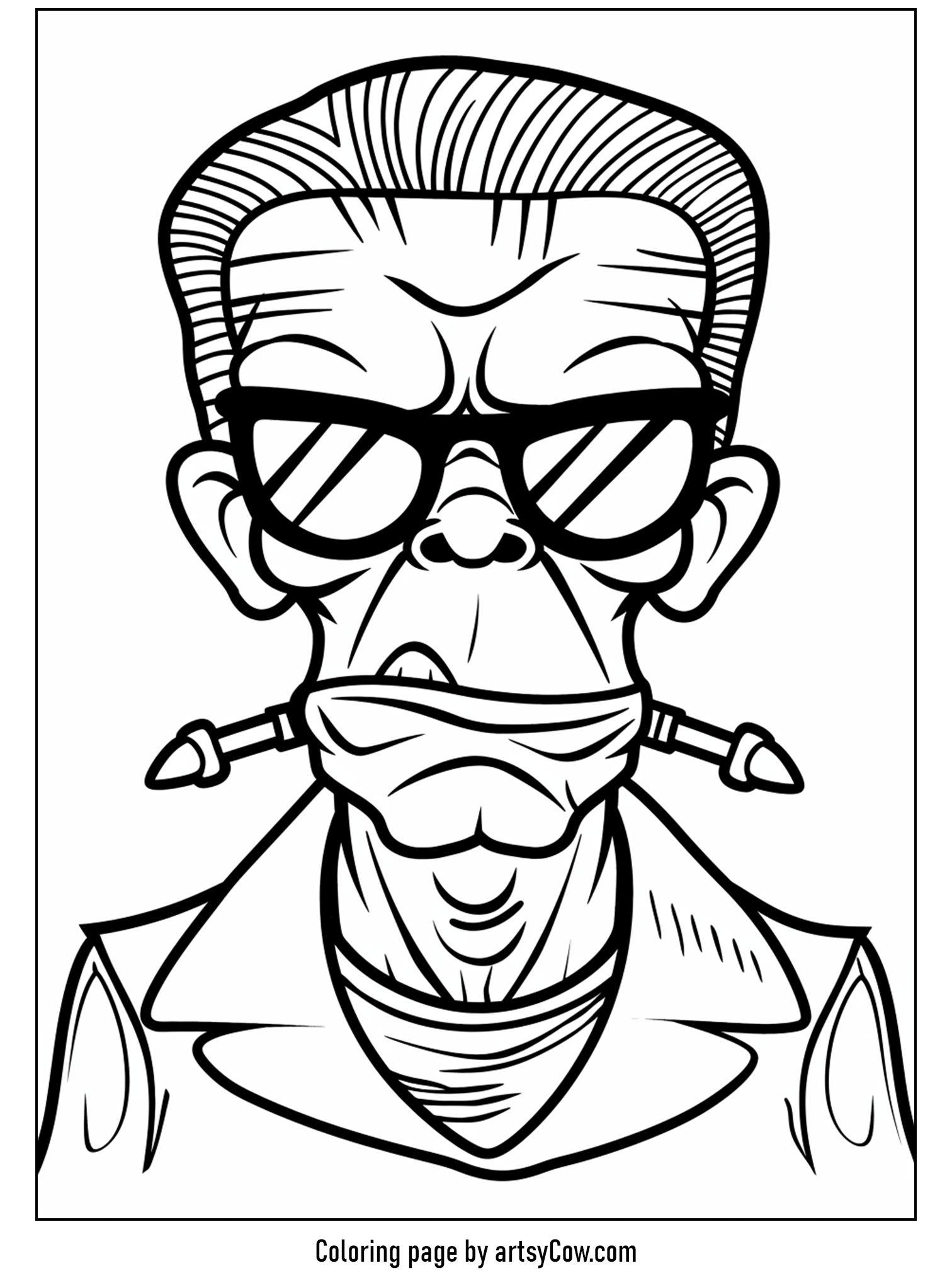 free halloween coloring pages for kids and adults. The image shows Frankenstein's monster wearing sunglasses and a scarf, on a coloring page.
